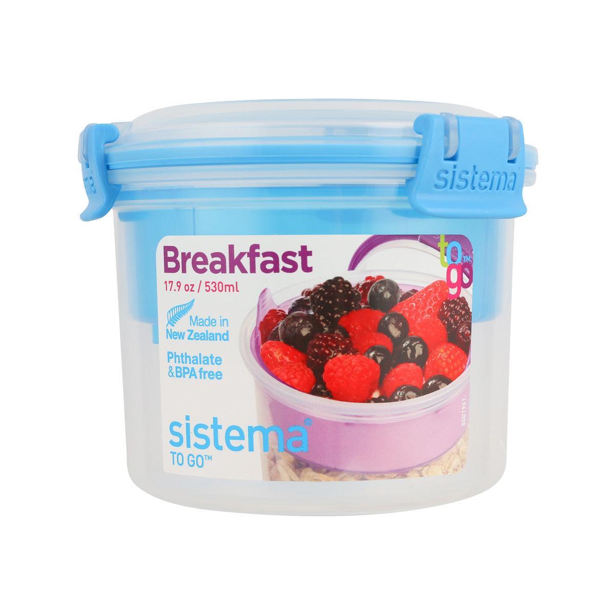 Clear food storage breakfast container with blue lid and clips, 530 mL