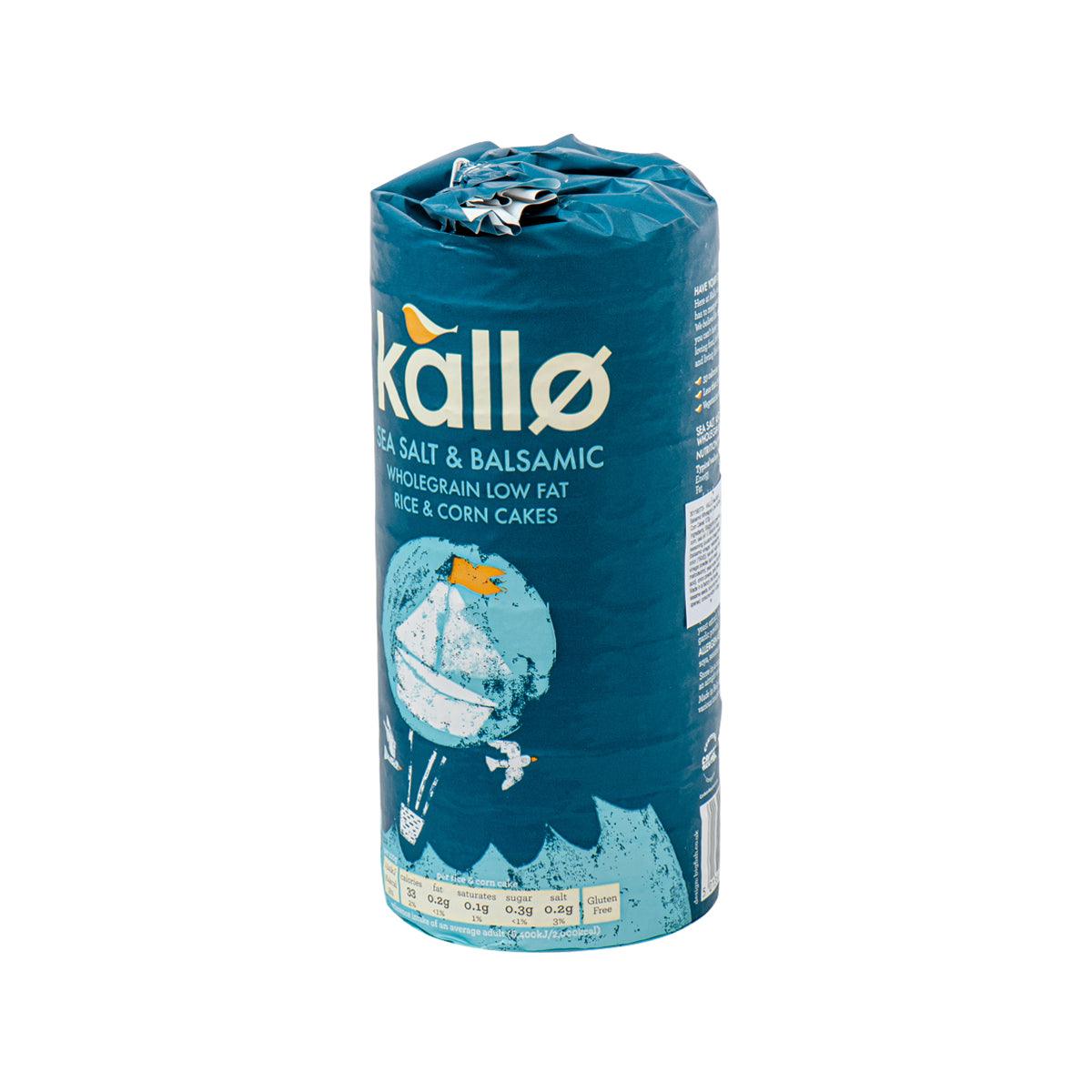 Kallo blue rice cake package with sea salt and balsamic flavor text