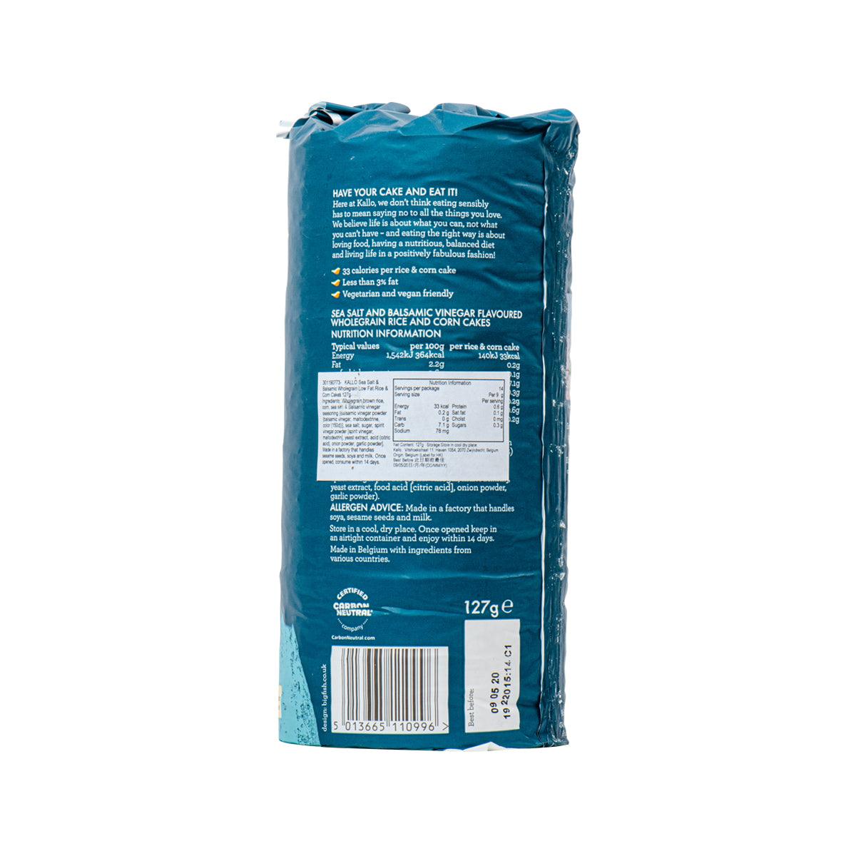 Kallo blue rice cake back label with nutrition panel and barcode