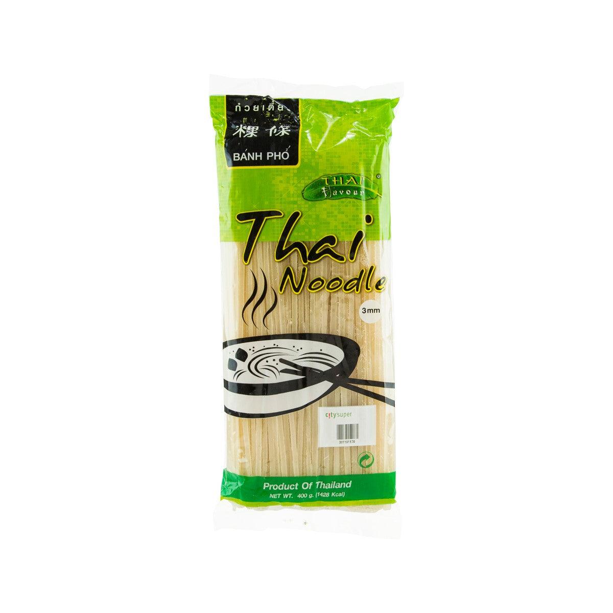 Thai noodle packet of 3mm rice noodles, sealed green-and-white packaging, 400g