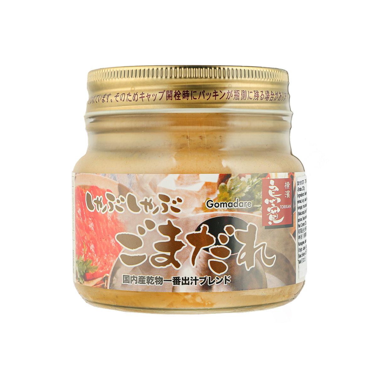 TORIKAN rich sesame sauce jar with gold screw lid and front label, beige contents