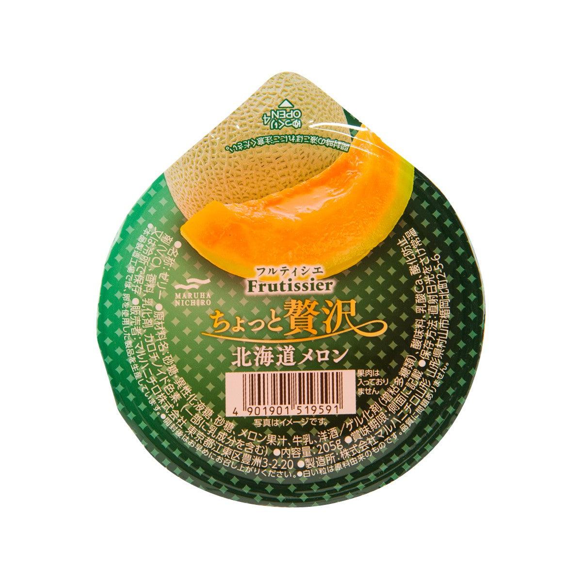 Fruit jelly cup with Hokkaido melon slice graphic, green label, orange gel center
