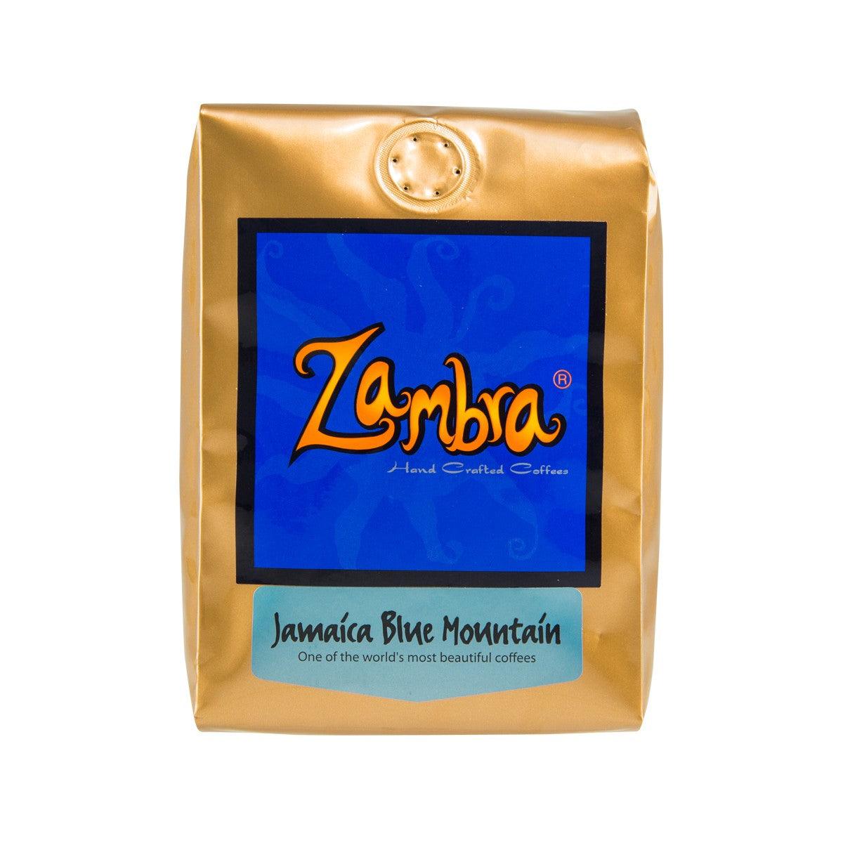 ZAMBRA Jamaica Blue Mountain coffee bag, gold pouch with blue label