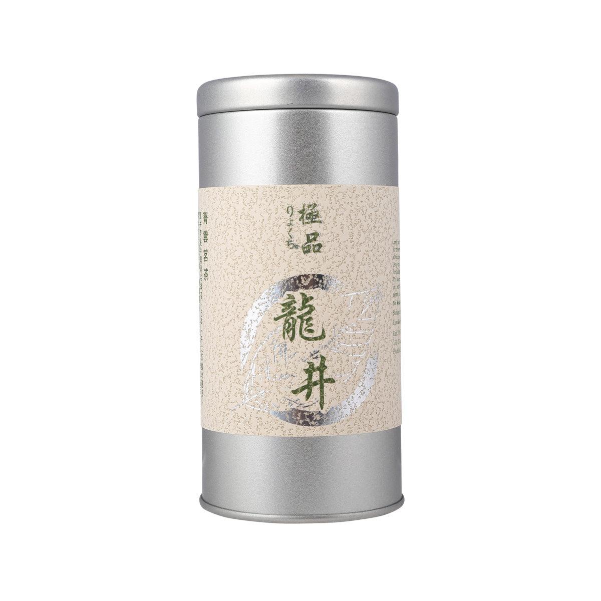 J'S GARDEN Long Jing tea tin, silver cylindrical can with beige label