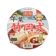 Instant ramen cup, soy sauce flavor with pork and bamboo shoots, front label