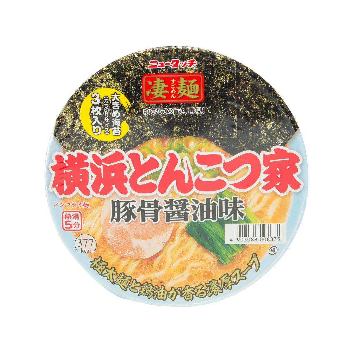 Blue instant ramen cup with printed pork-bone and soy-sauce flavor label
