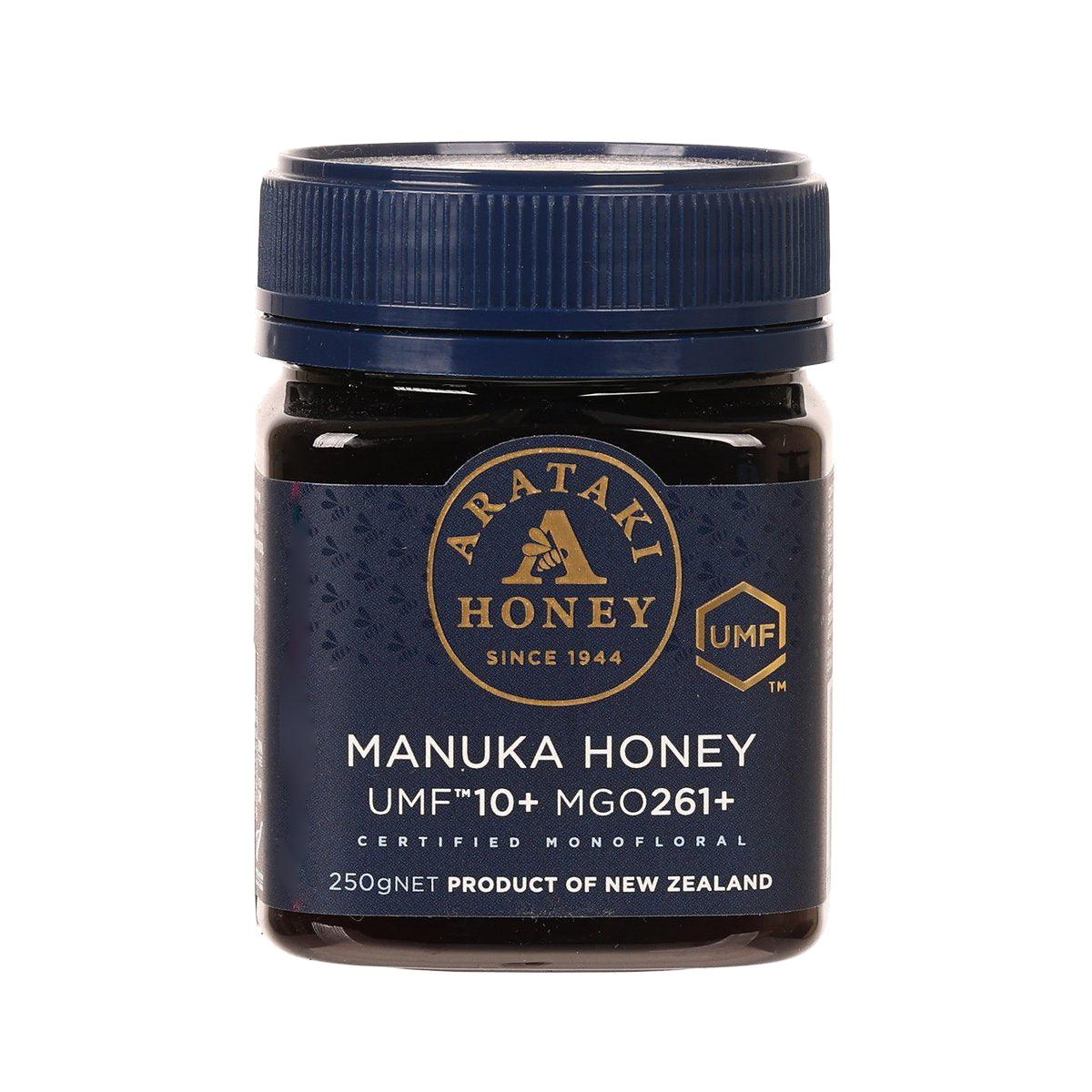 Manuka honey jar with blue lid, ARATAKI label, UMF10+ 250g
