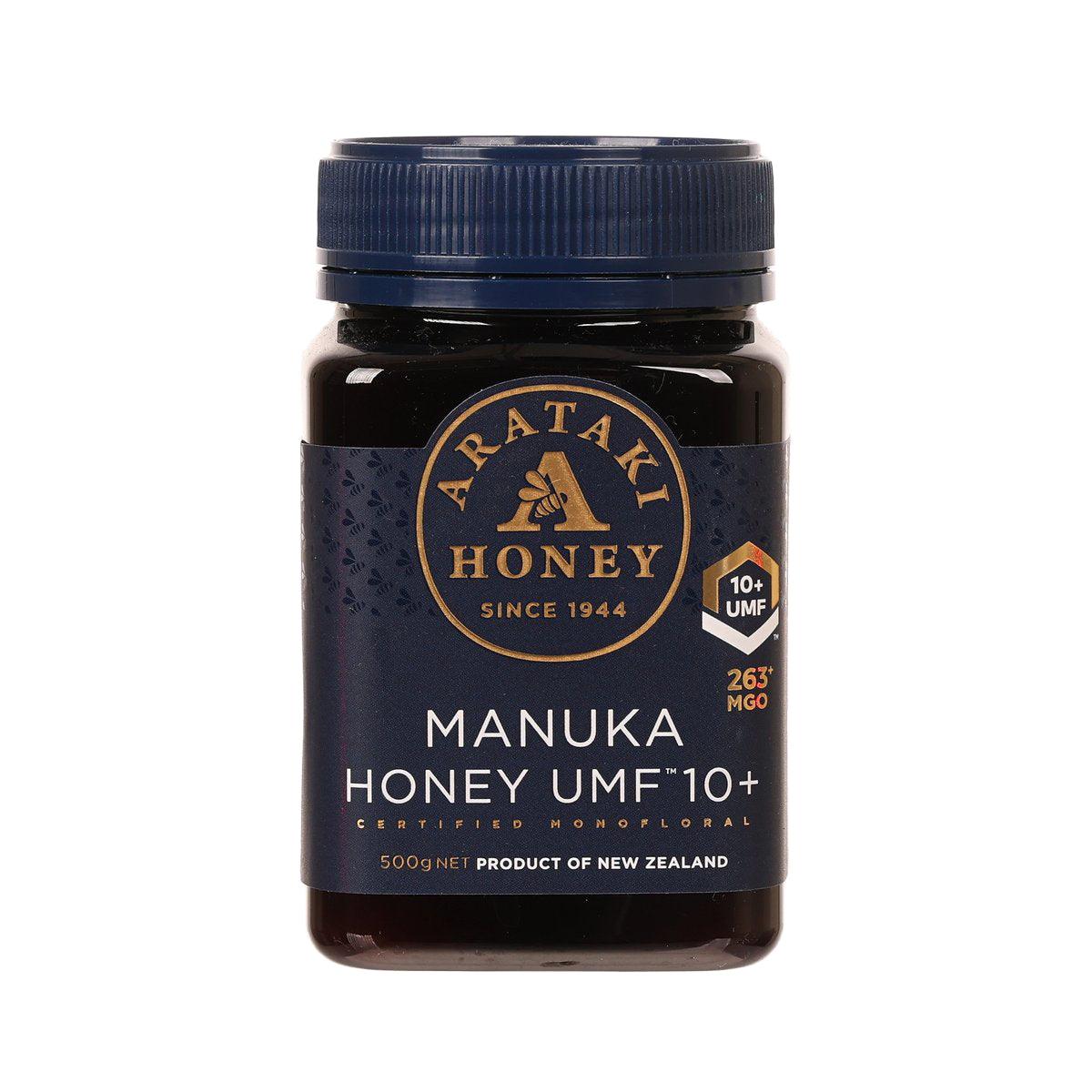 ARATAKI Manuka honey jar UMF 10+ 500g with blue cap and dark label