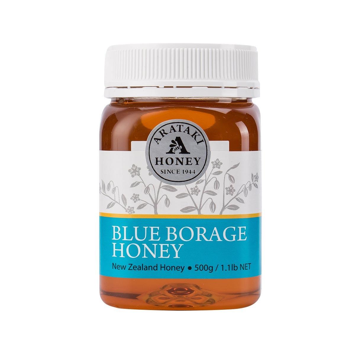 ARATAKI Blue Borage honey jar, 500g glass jar with white screw cap