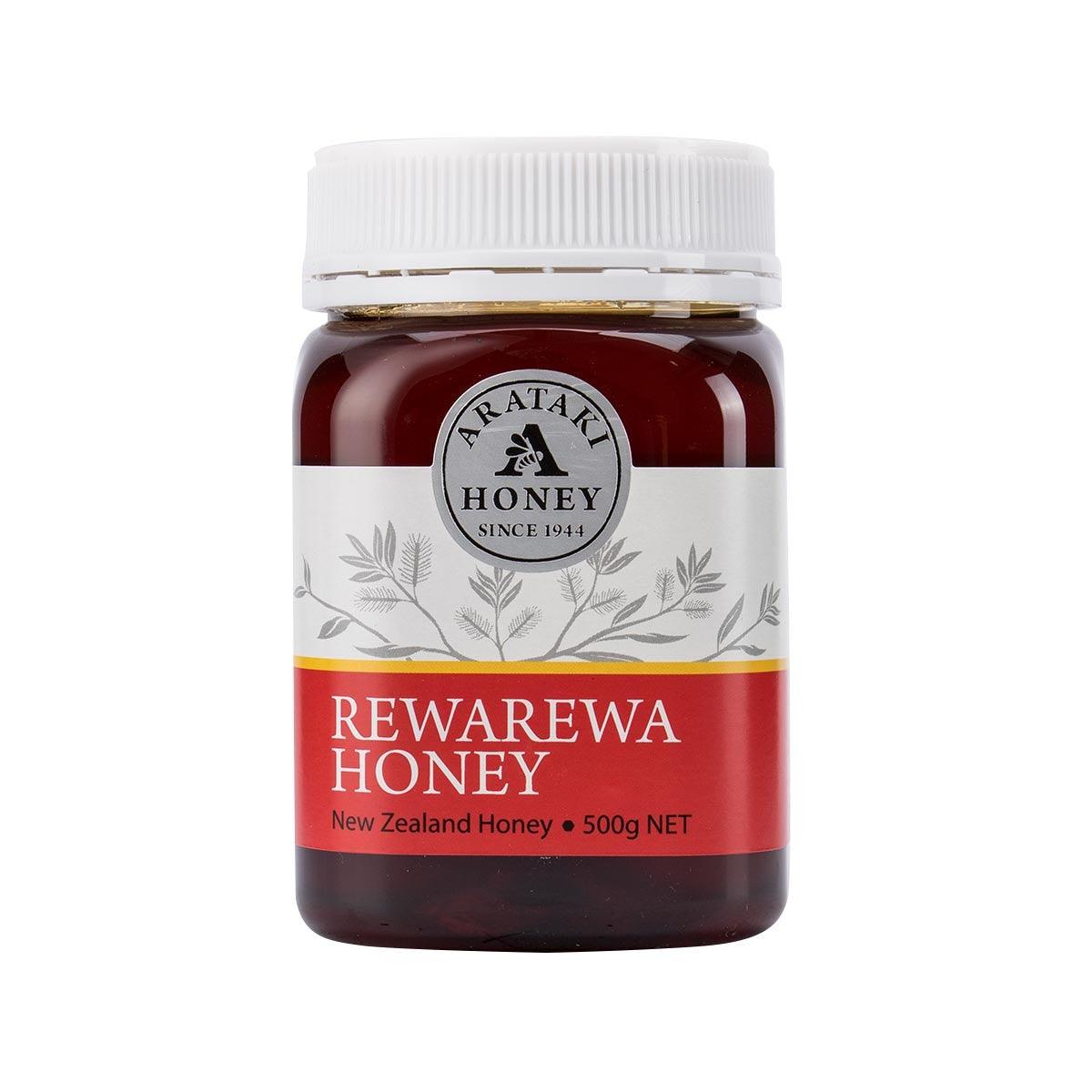 ARATAKI Rewarewa honey jar (500g) with white screw cap and front label