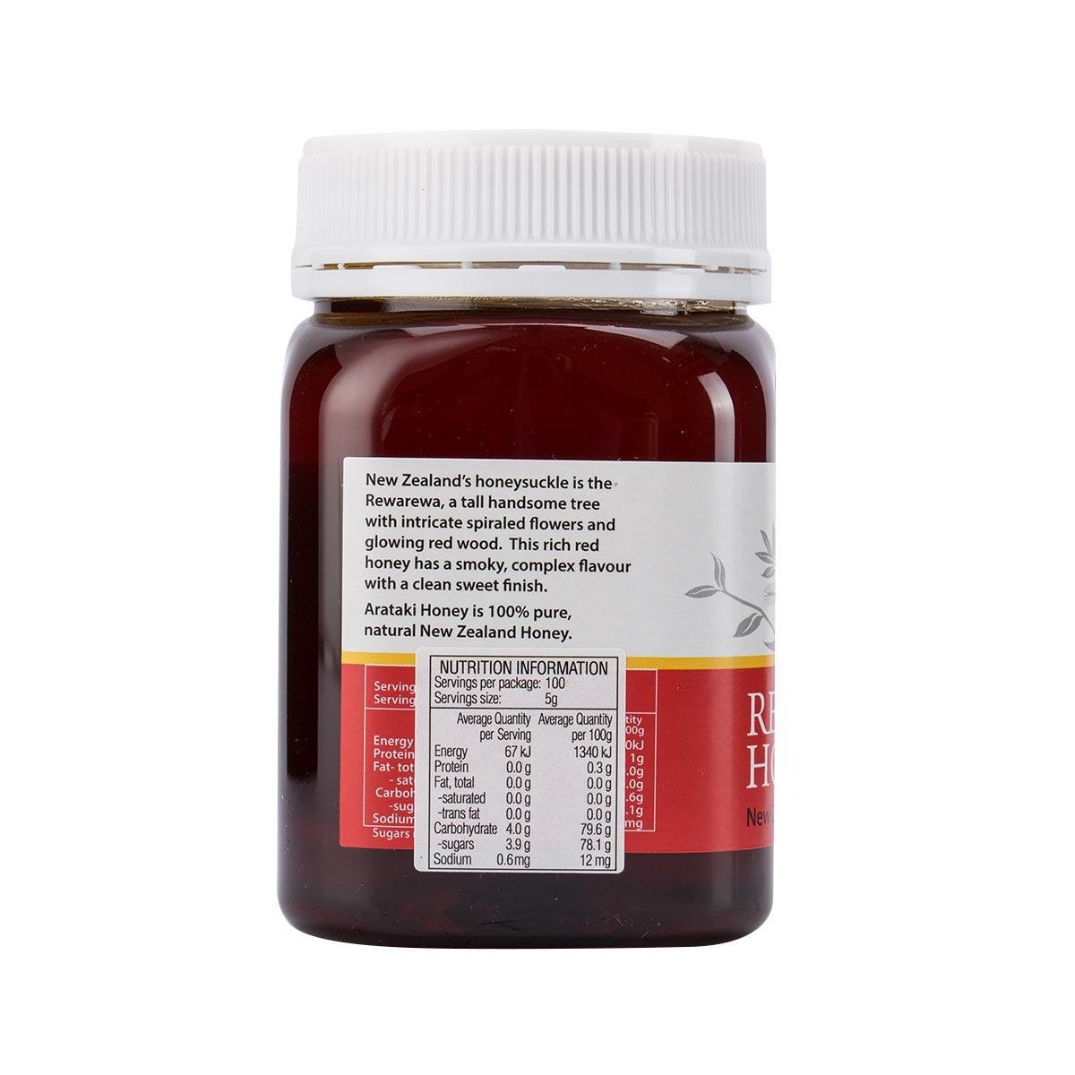 ARATAKI Rewarewa honey jar (500g) nutrition table on side label