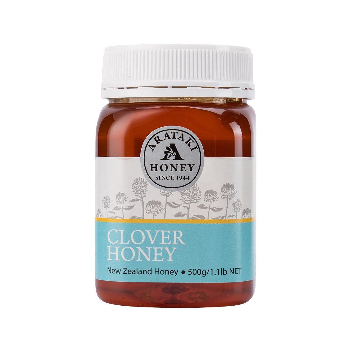 ARATAKI Clover honey liquid bottle, 500 g, front label with clover honey text