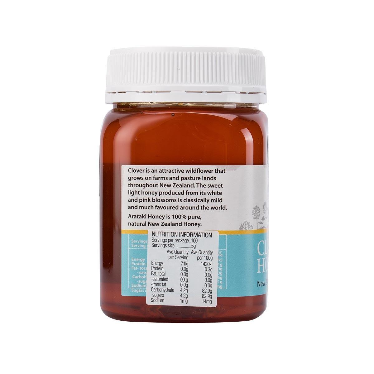 ARATAKI clover honey liquid bottle, nutrition table panel on label