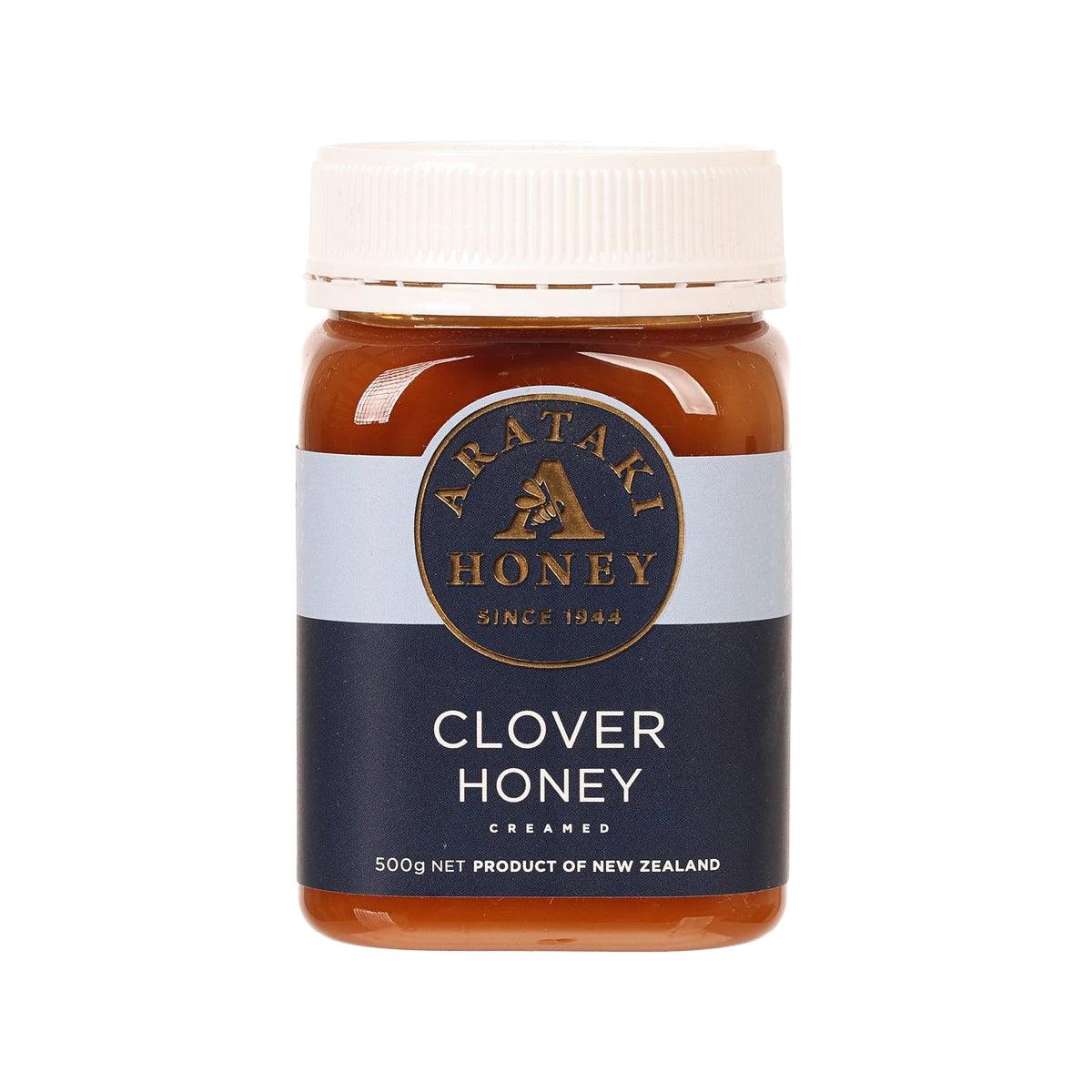ARATAKI creamed clover honey jar, 500g with front label and amber honey