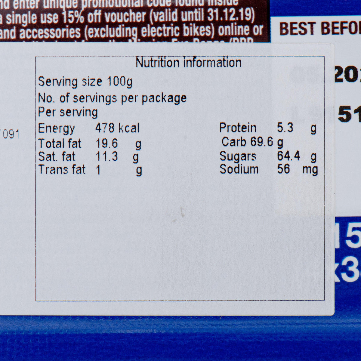 Nutrition information panel with serving size and fat, carbs, protein values on pouch