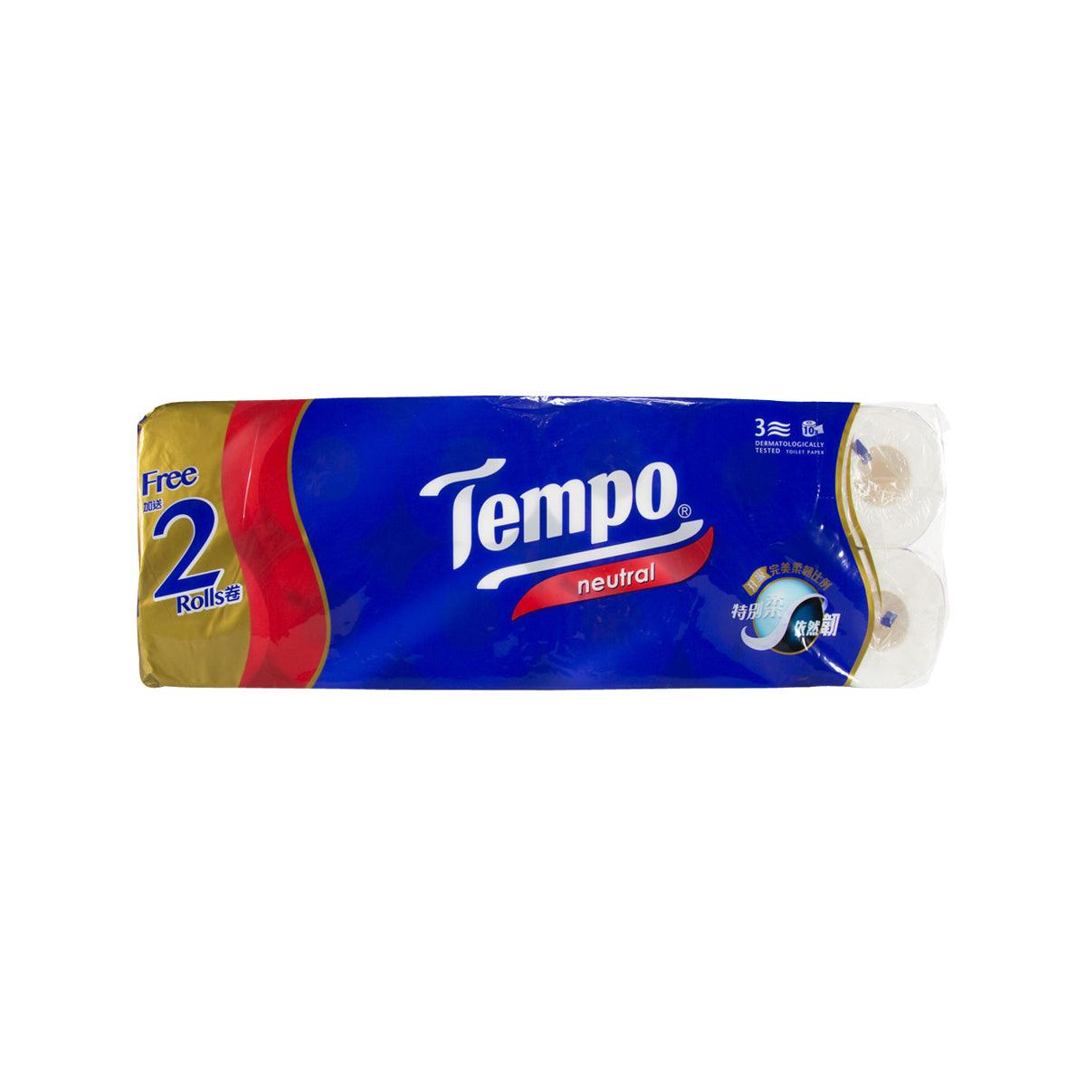 TEMPO neutral 3-ply bathroom tissue, 2-roll package, blue with red accents