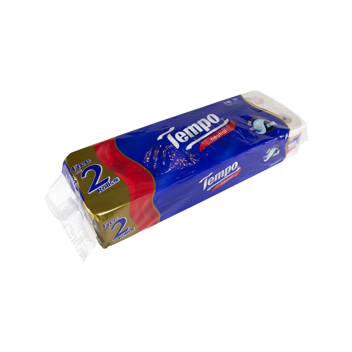 TEMPO neutral 3-ply bathroom tissue, 2-roll package, angled view with roll ends