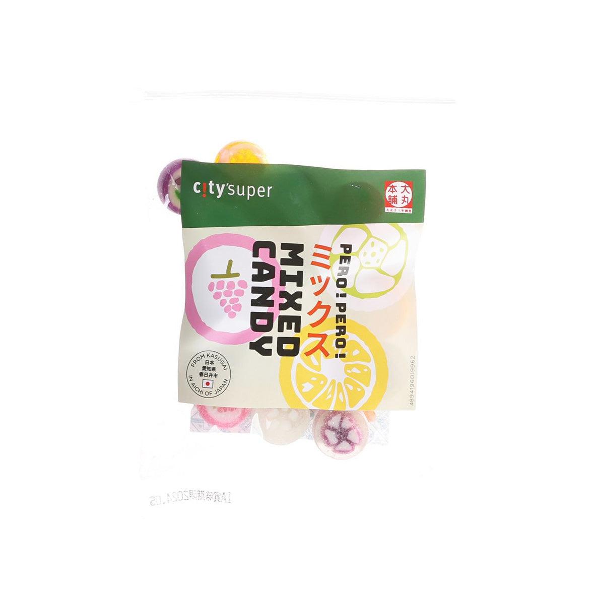 Fruit-flavored mixed candy bag with colorful fruit illustrations and green top seal
