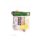 Fruit-flavored mixed candy bag with colorful fruit illustrations and green top seal