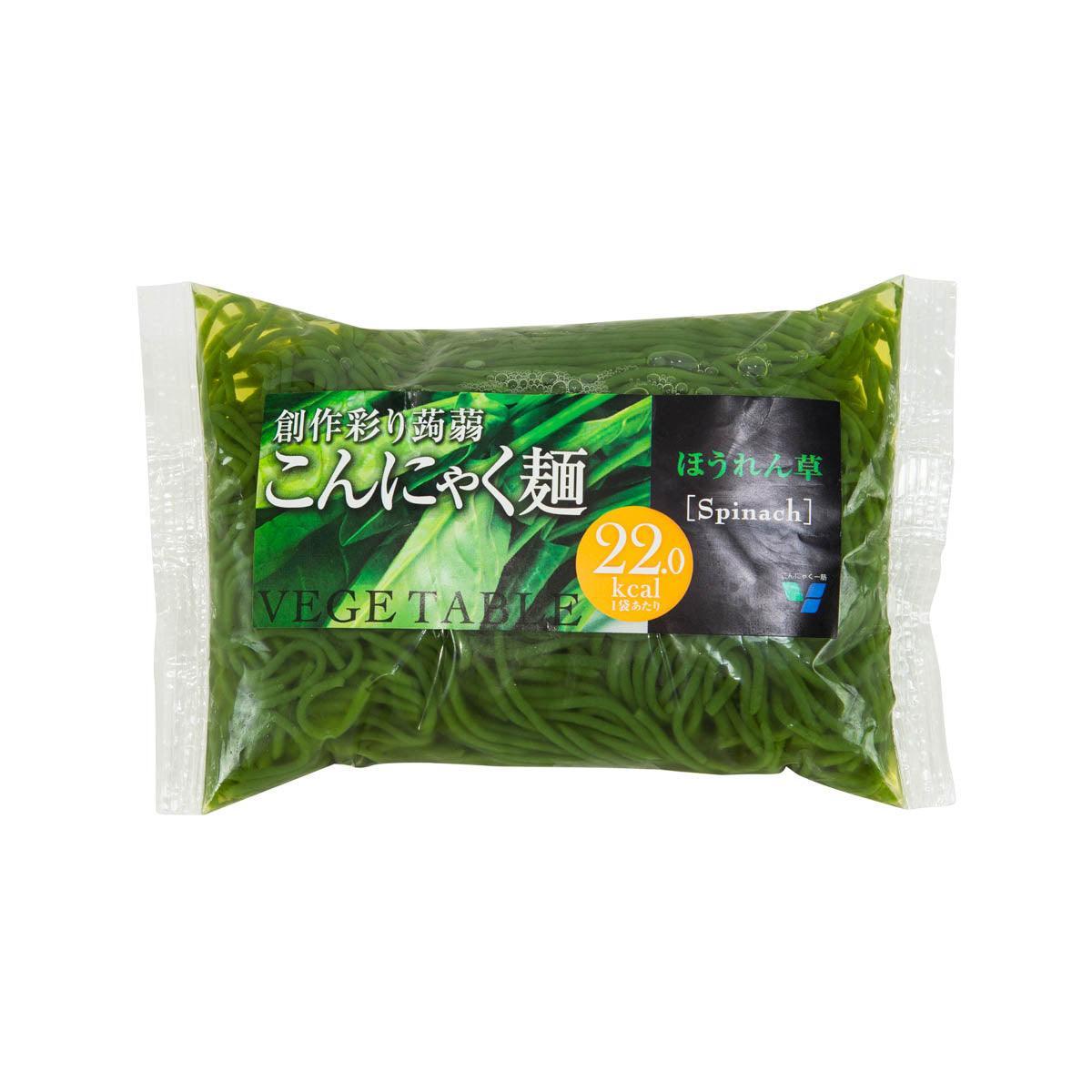 Spinach konjac noodle packet with green vegetable noodles, 22 kcal label