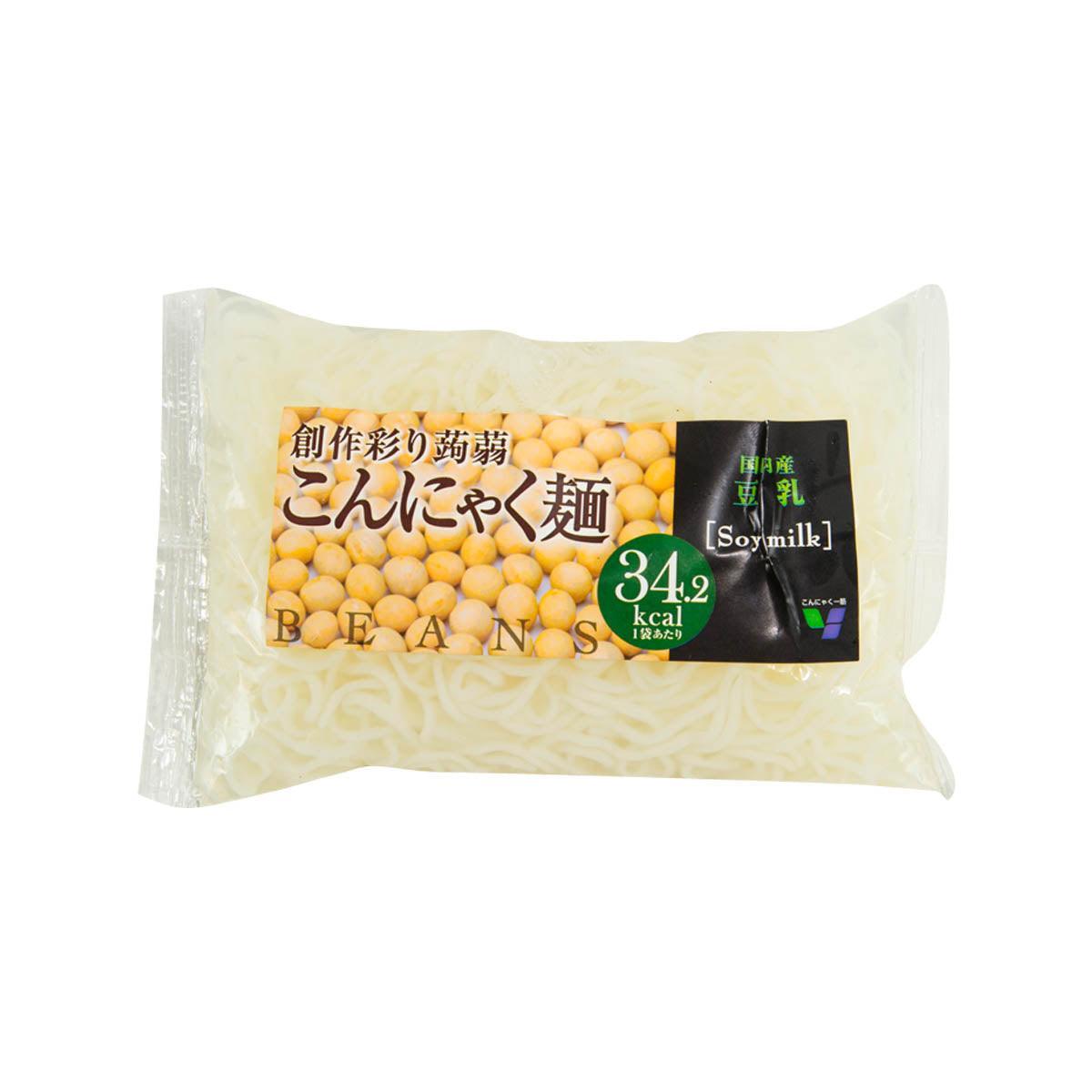 MIYUKIYA FUJIMOTO soy milk konjac noodle packet, pale noodles, black nutrition label 34.2 kcal