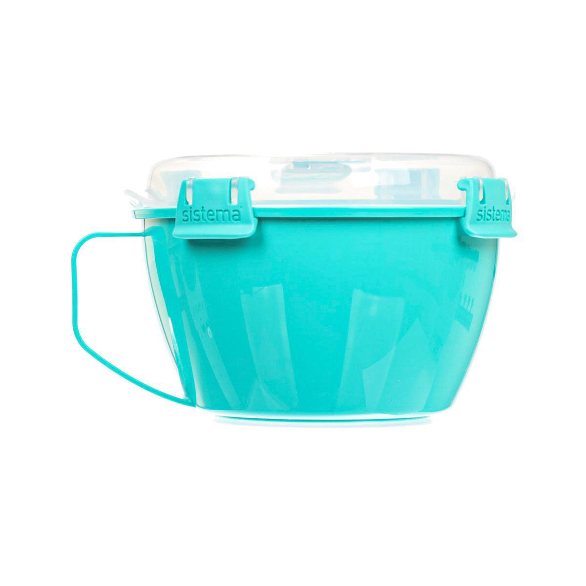 Microwave noodle bowl with lid, turquoise, side handle grips