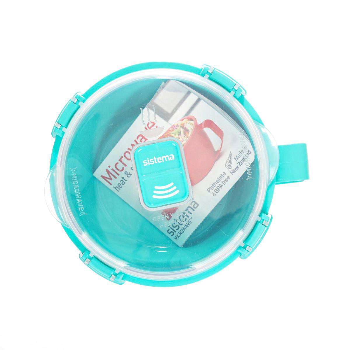Microwave noodle bowl lid with heat icon, turquoise clear top and side latches