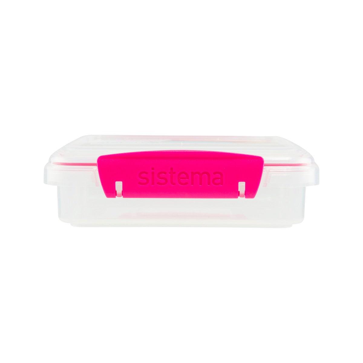 Clear plastic sandwich box with raised pink latch on lid