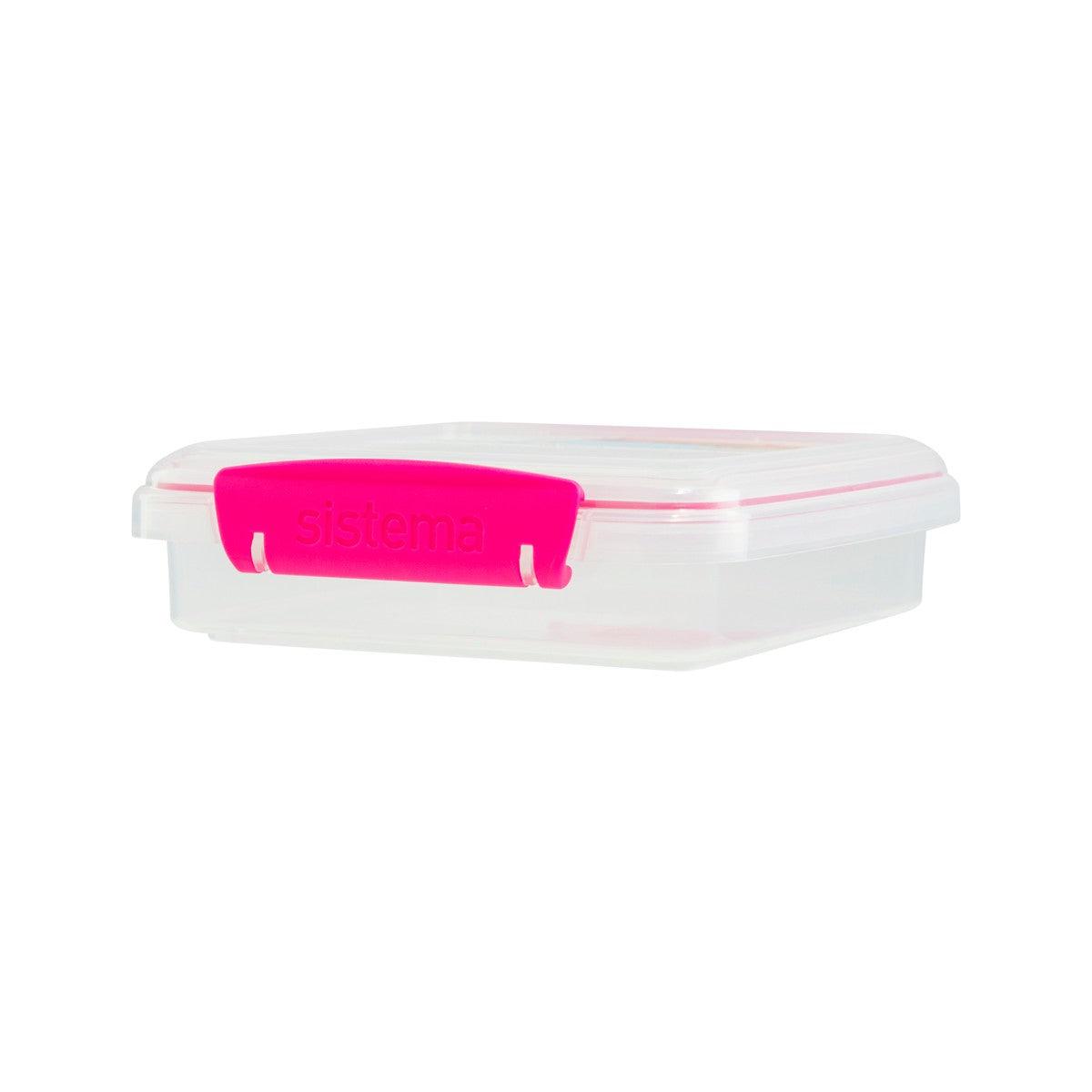 Clear rectangular food container with pink snap latch lid