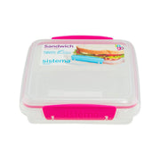 Clear plastic sandwich food storage container with pink snap lid and handle