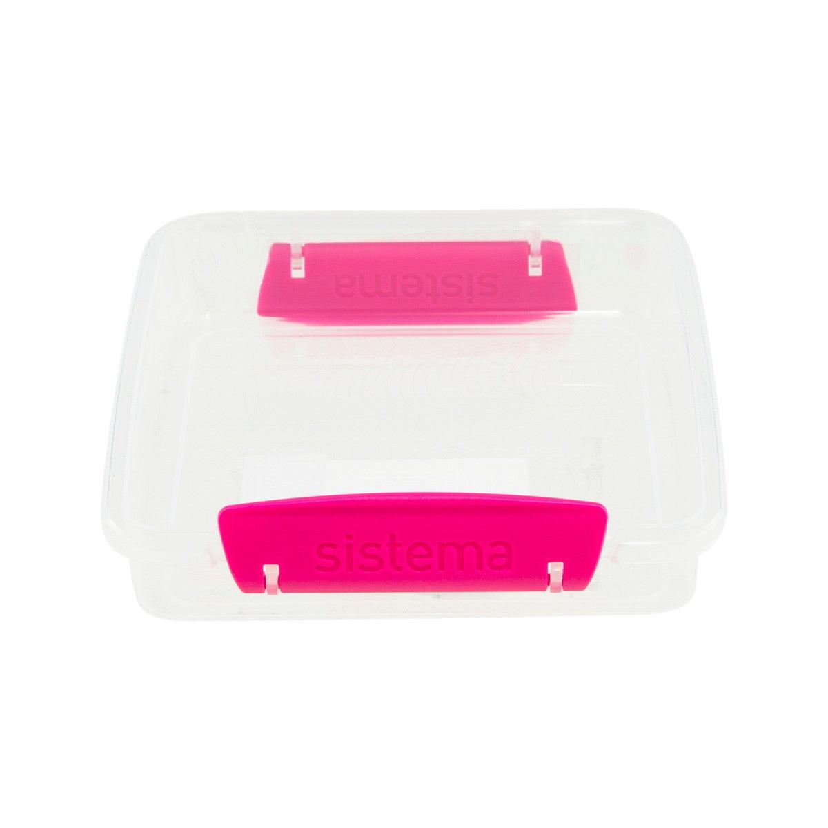 Clear food storage container with pink snap latch lid