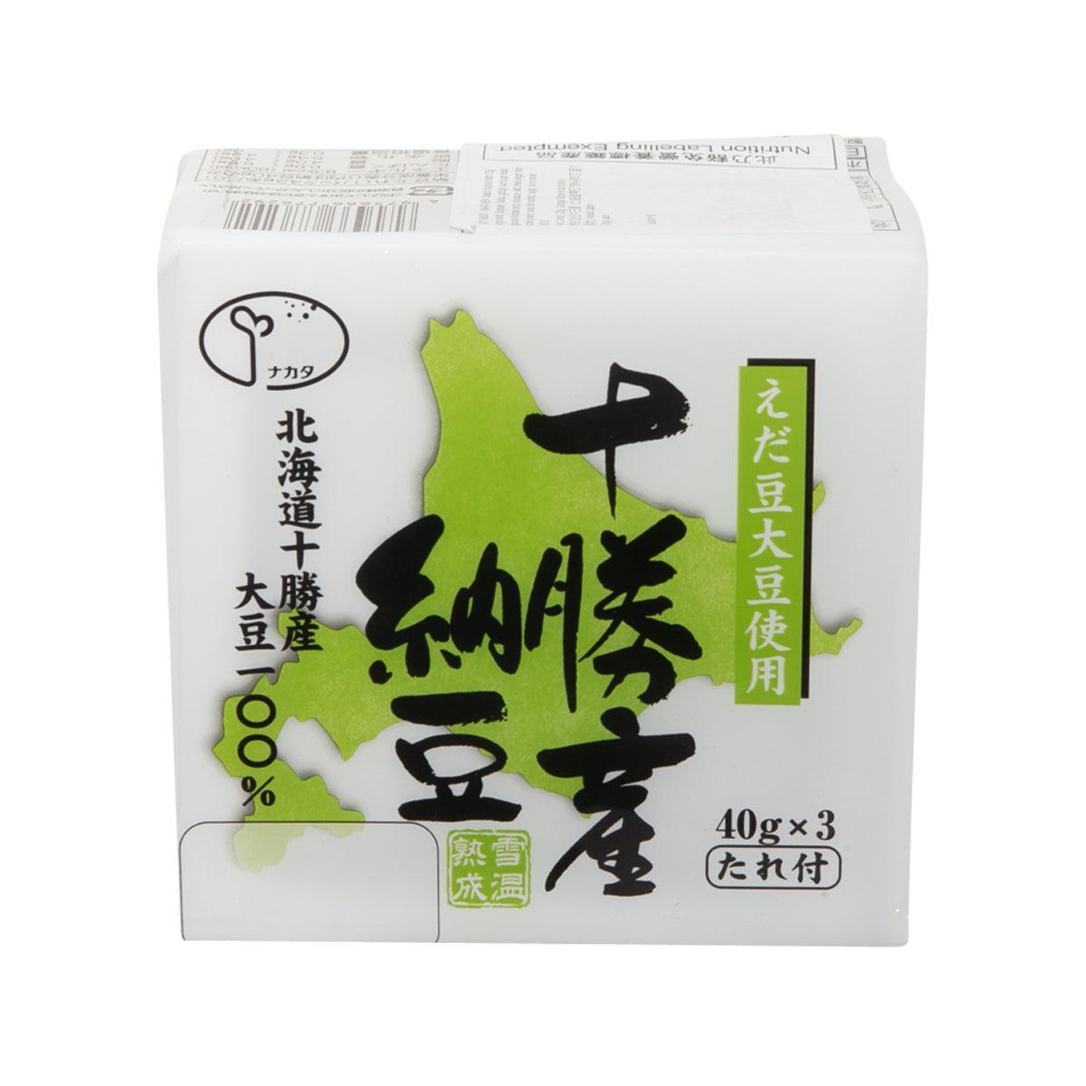 Natto soybeans pack, green logo and Japanese text, 120g front label