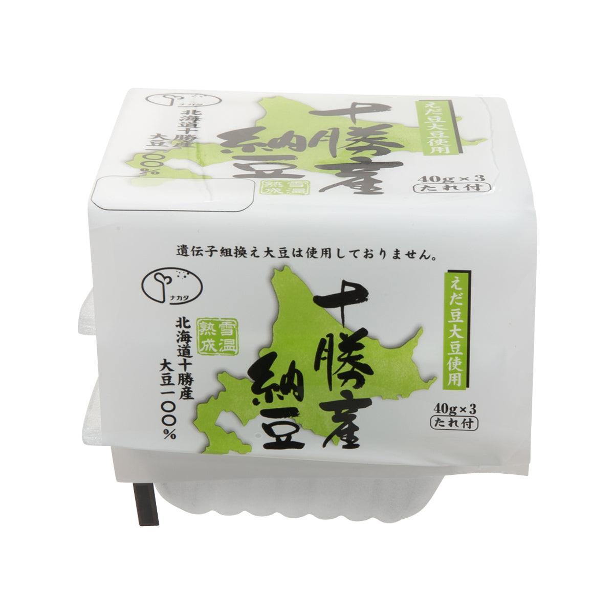 Natto soybeans pack with side view, green map graphic, 40g x3 info
