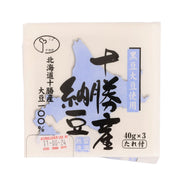 Natto bean pack, front view, cream pouch with blue Japanese text and 40g x3 marking