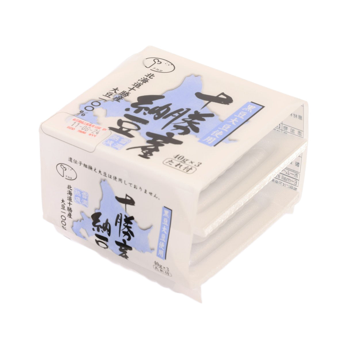 Natto bean pack, angled 3-pack with cream wrapper and blue Japanese lettering