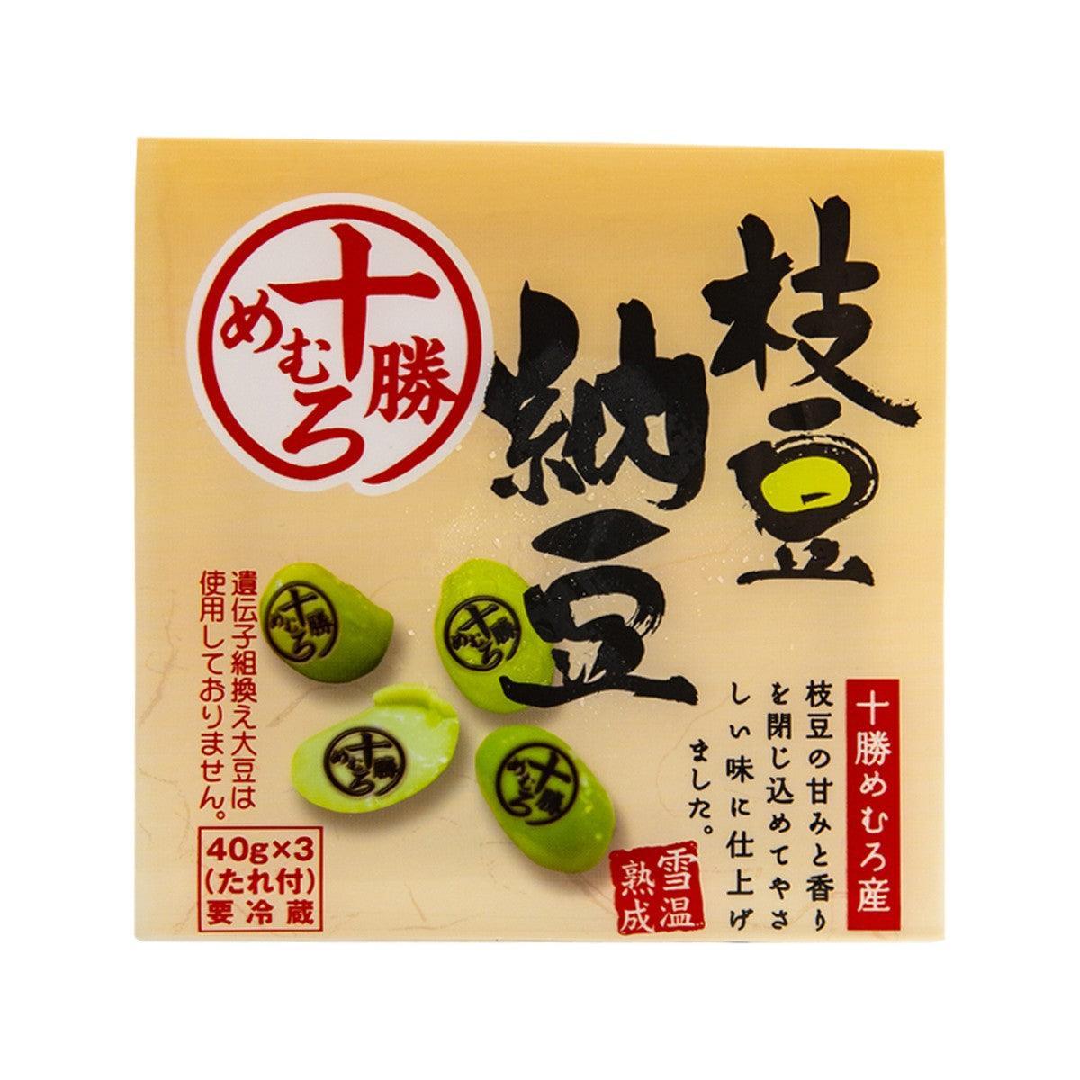 Natto soybeans pouch with yellow wrapper and green edamame graphics