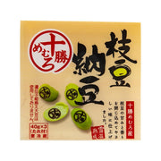 Natto soybeans pouch with yellow wrapper and green edamame graphics