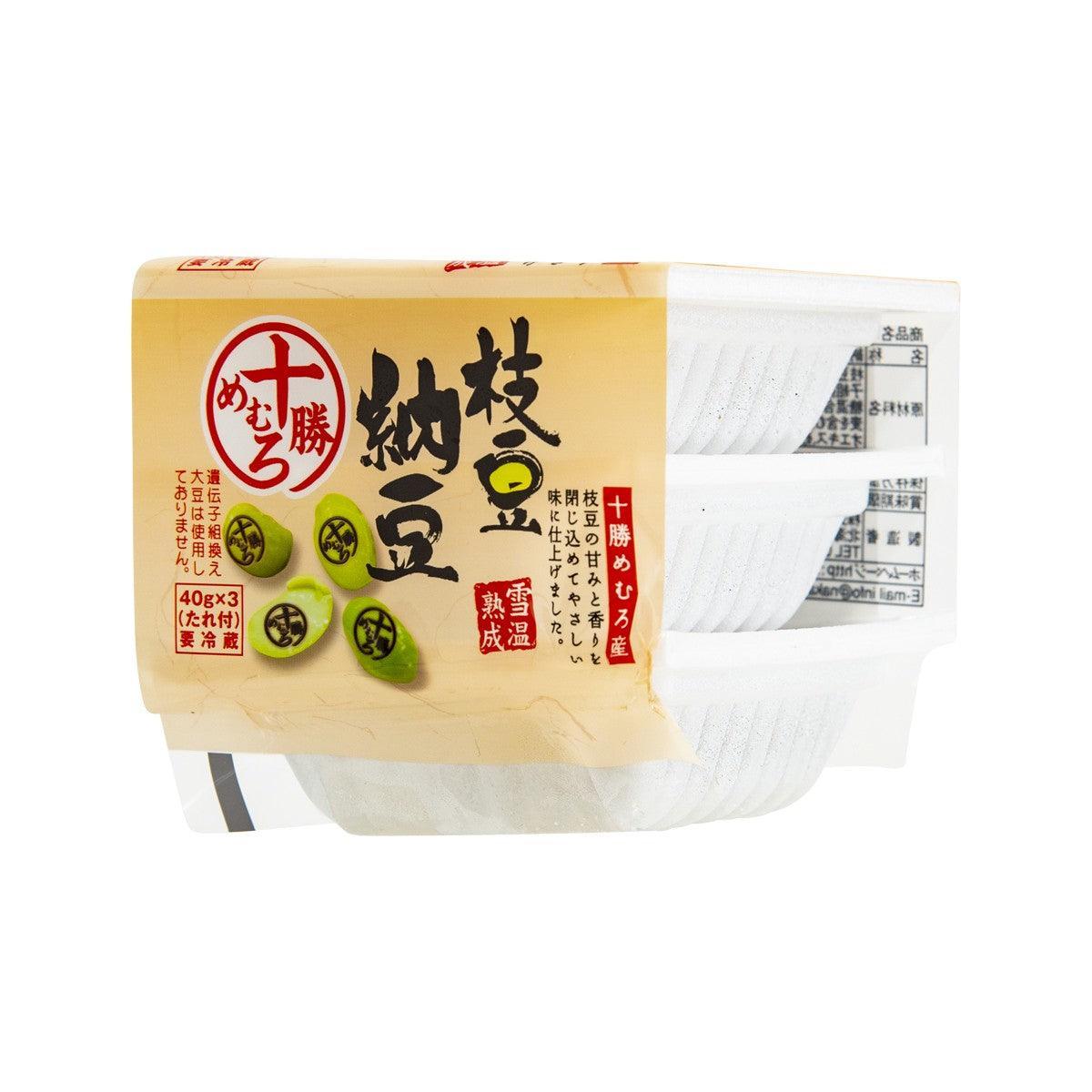 Packaged natto soybeans with white tray insert and yellow front label