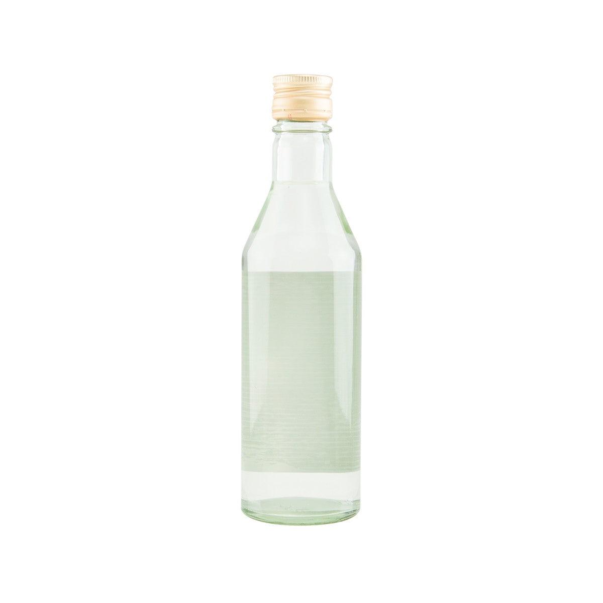 Rice wine bottle with pale liquid, gold cap, clear glass, 300 mL