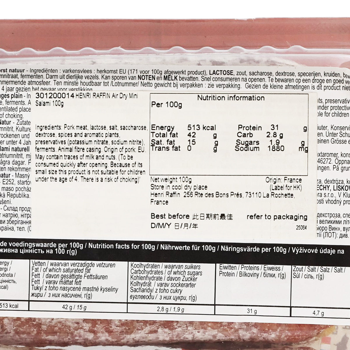 Air-dry mini salami 100 g nutrition facts panel on package