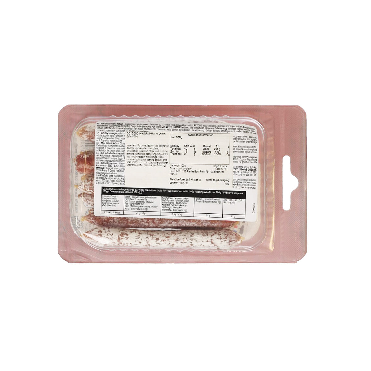 Air-dry mini salami, 100 g sealed tray with ingredient label