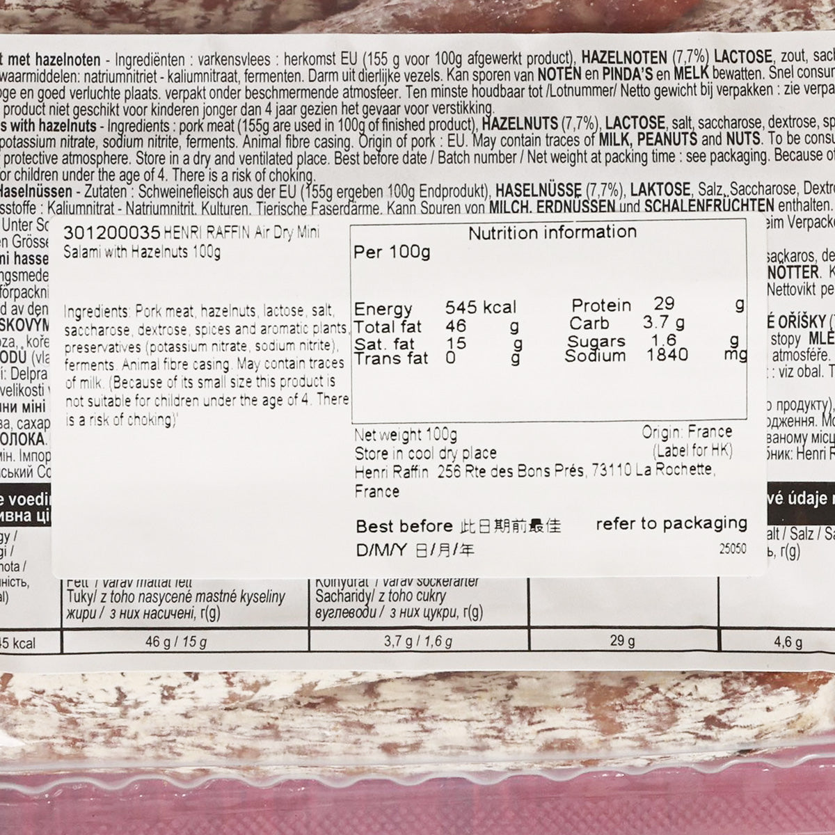 HENRI RAFFIN mini salami nutrition facts panel on 100g pack