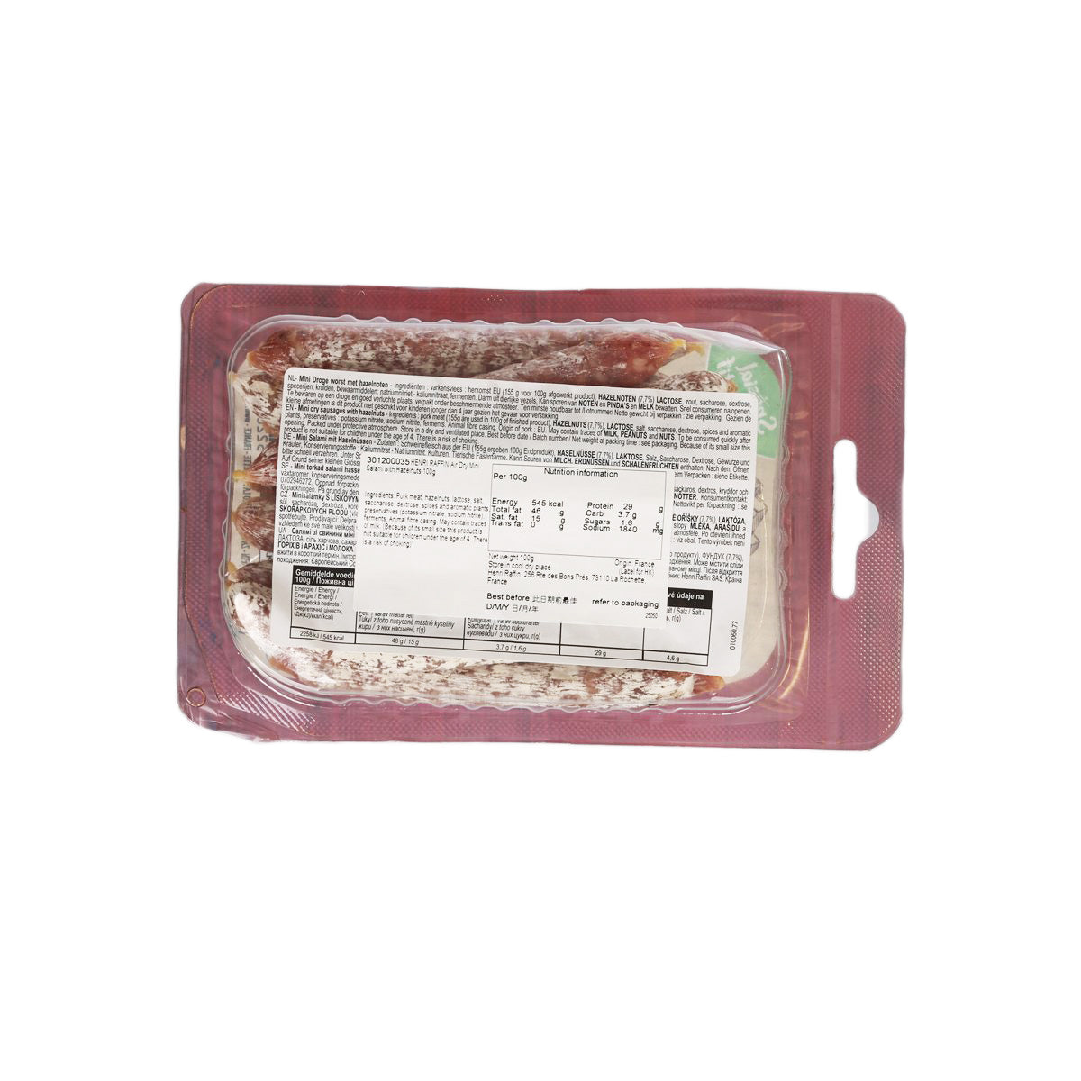 HENRI RAFFIN mini salami 100g tray package with ingredient label