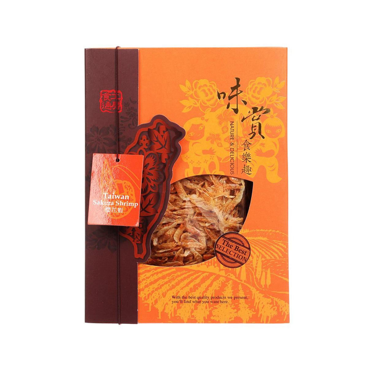 Orange and brown shrimp snack gift box with front window showing dried shrimp, 100g