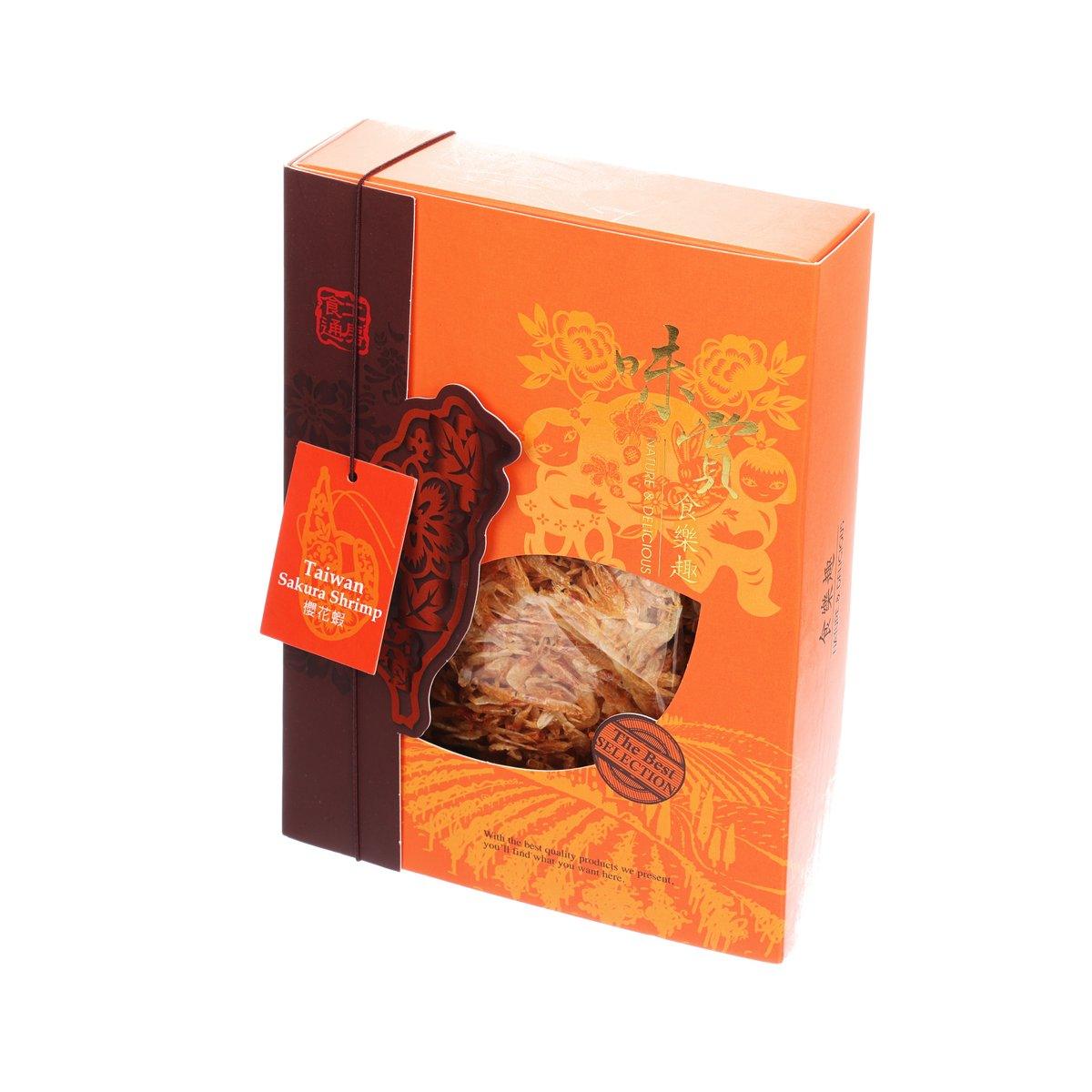 Shrimp gift box in orange with side window and hanging tag, showing dried shrimp