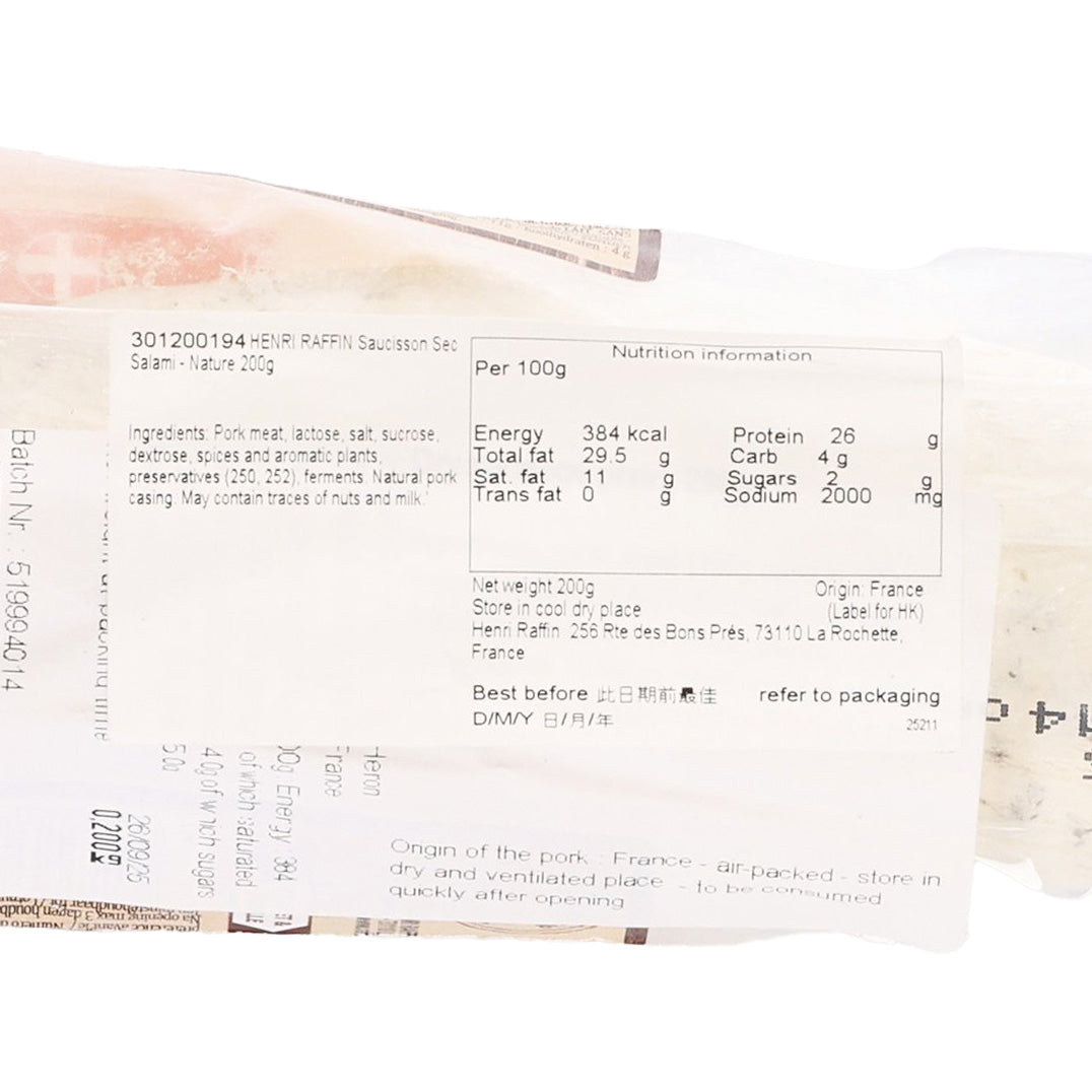 Back of packaged HENRI RAFFIN Nature salami, nutrition and ingredients panel