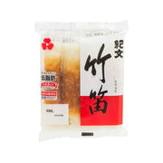 Bamboo fish roll snack pouch, white wrapper with black and red graphics