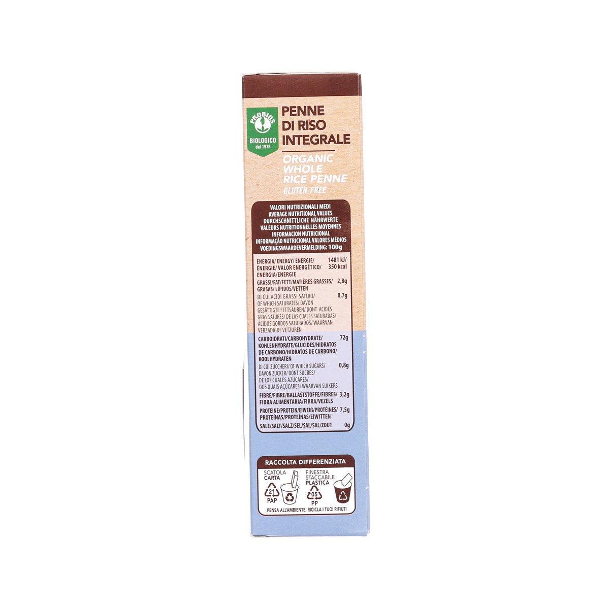 PROBIOS whole rice penne pasta, 250g package with ingredient facts panel