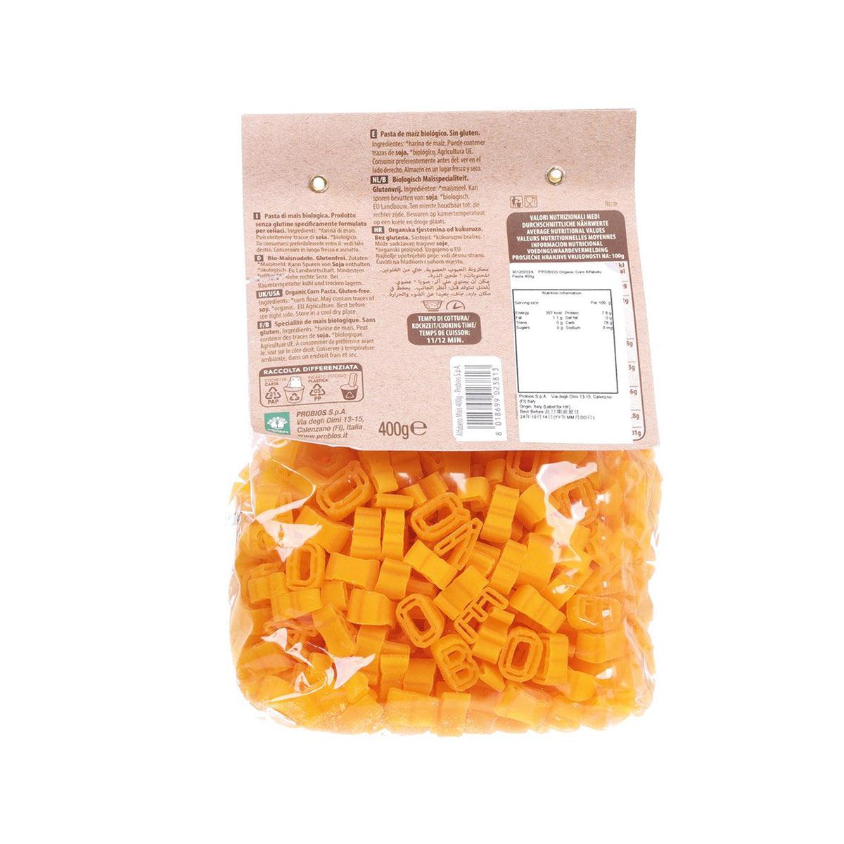 Organic gluten-free corn alphabet pasta PROBIOS pouch, back view with ingredient panel and bag.
