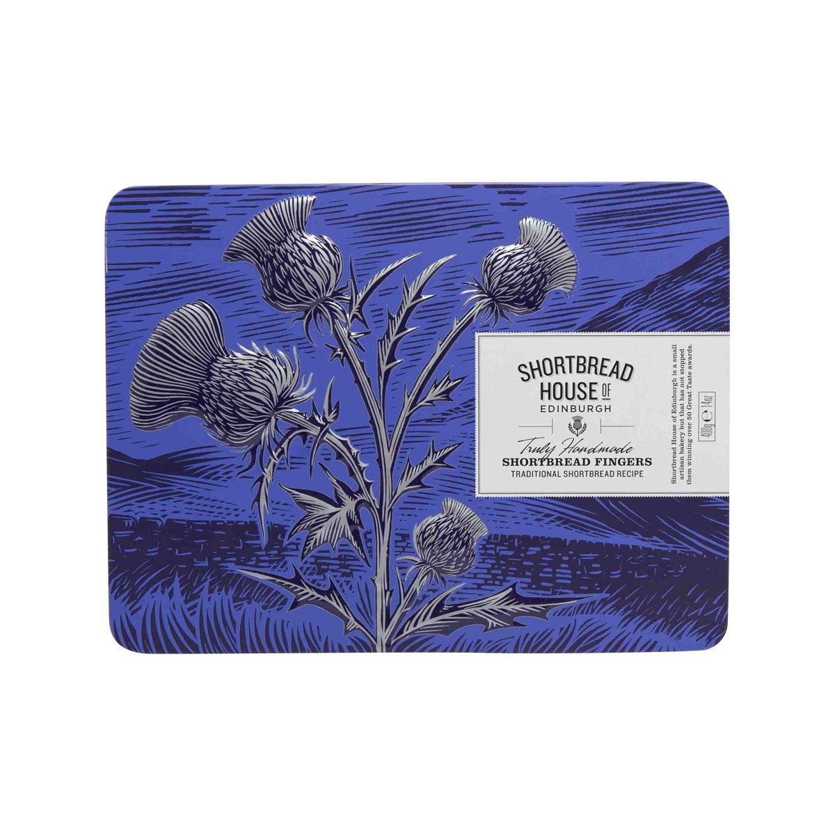 House of Edinburgh shortbread fingers tin, blue botanical design with label